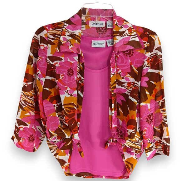 Apparenza- Women's 2 piece Top-SMALL-Tank & Blouse- Light-Floral-Pink-Cream - Picture 2 of 13